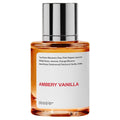 Ambery Vanilla perfume bottle with silver cap on a white background