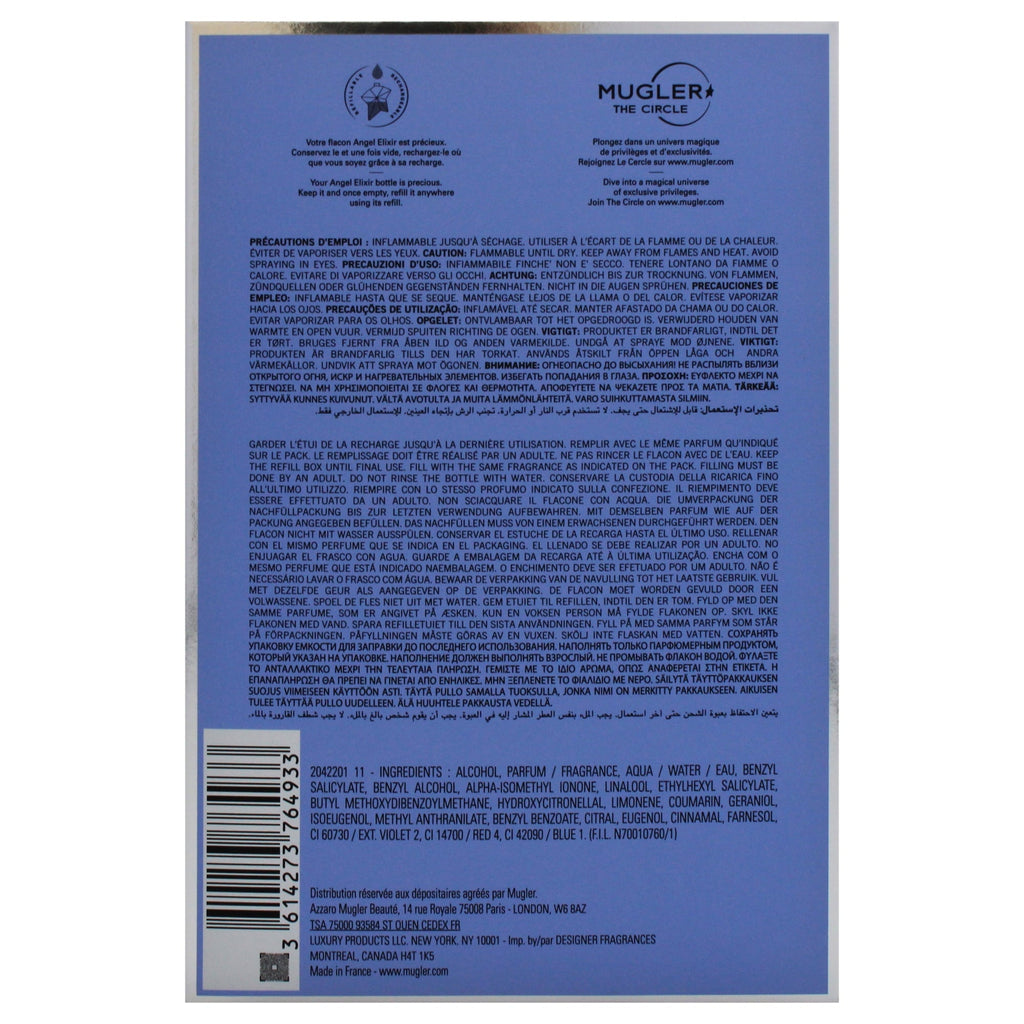Back label of a product with text and branding on a blue background