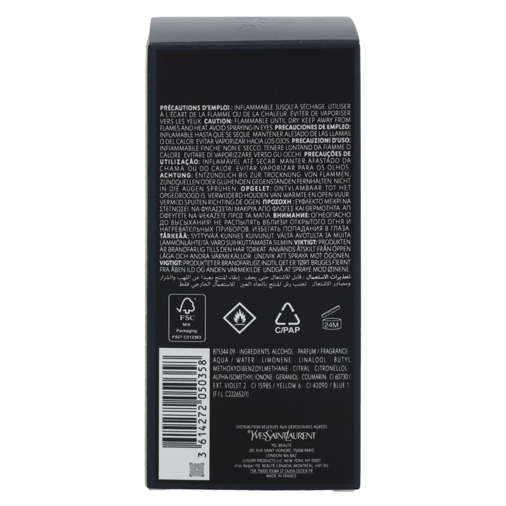 Back of a black product packaging with text and symbols on a white background