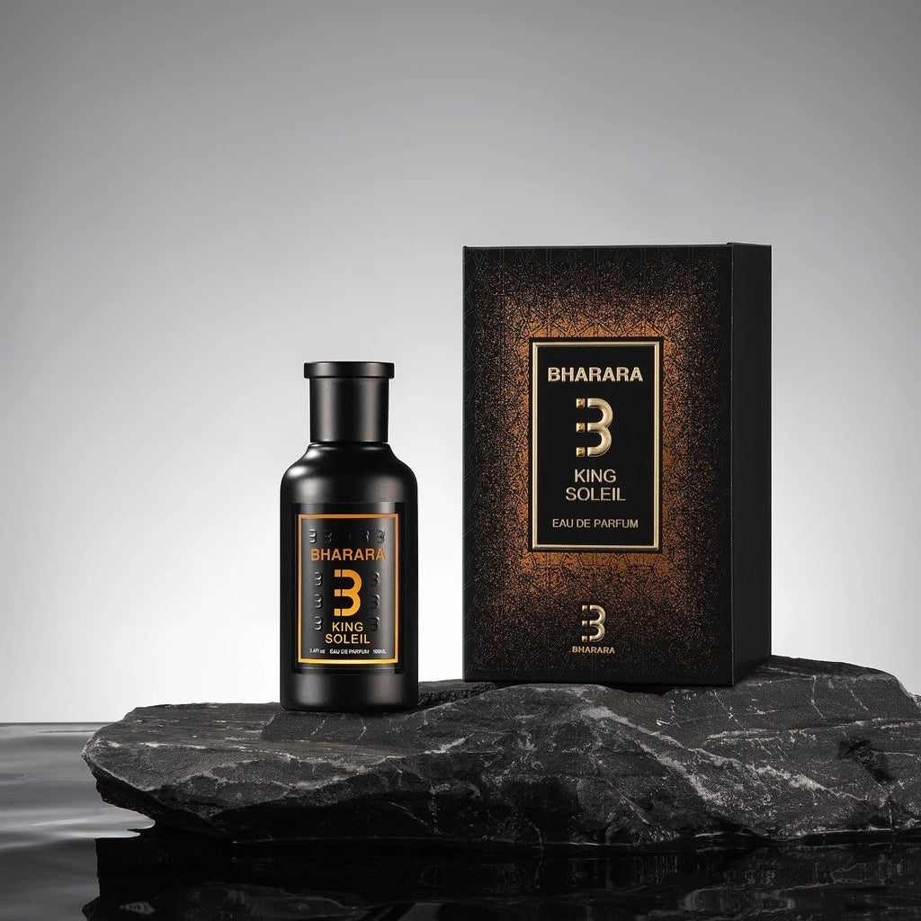 Bharara 3 King Soleil perfume bottle and packaging on a dark surface with a gray background