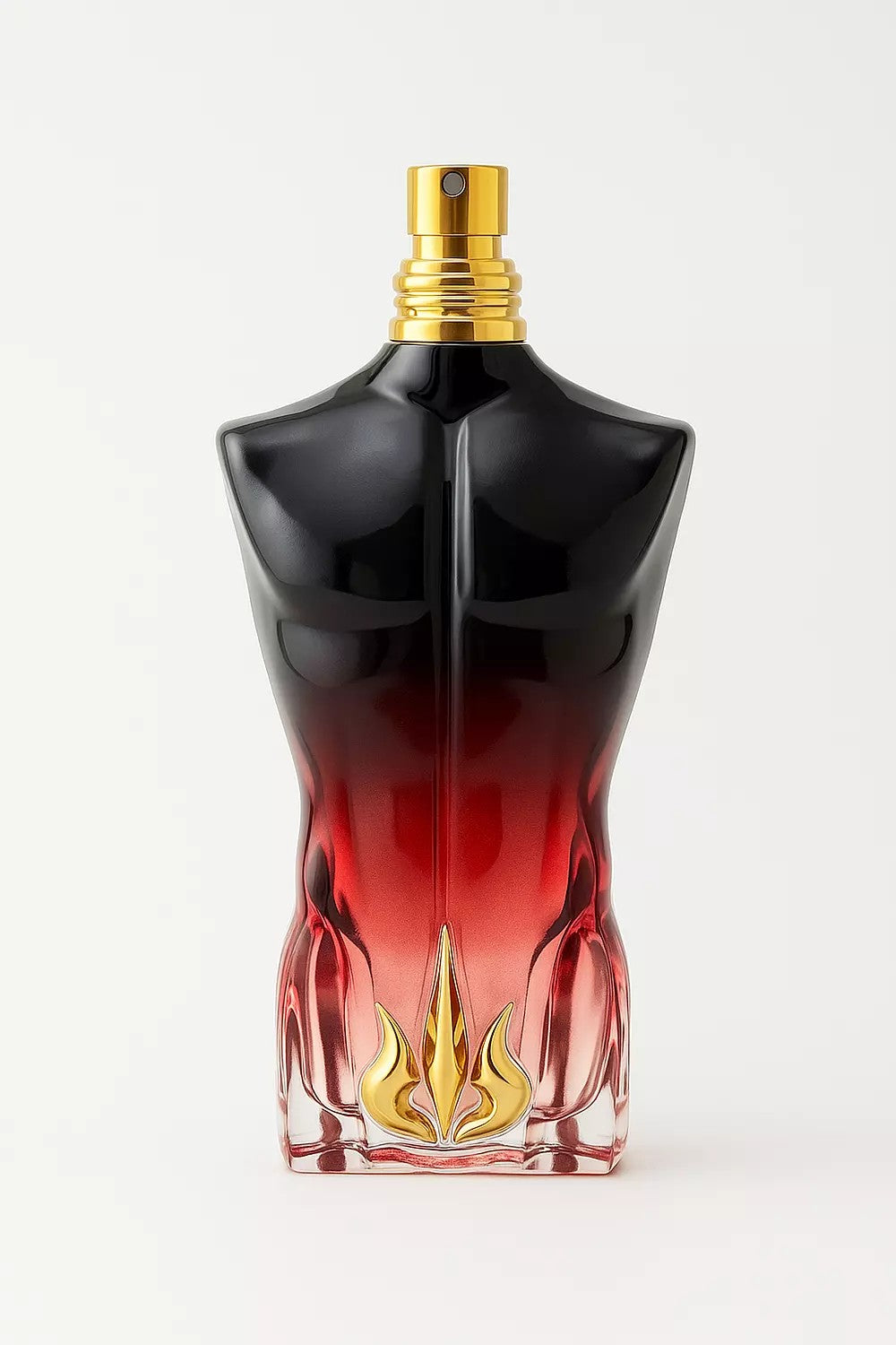 Black and red perfume bottle with gold accents on a white background