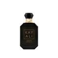 Black perfume bottle with gold accents on a white background