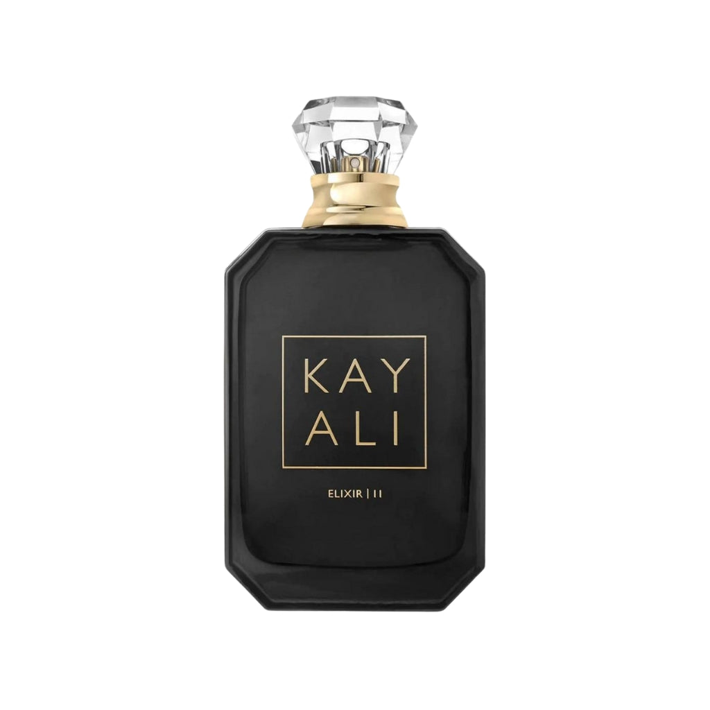 Black perfume bottle with gold cap and 'KAY ALI' branding on a white background