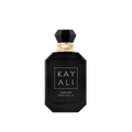 Black perfume bottle with gold cap on a white background