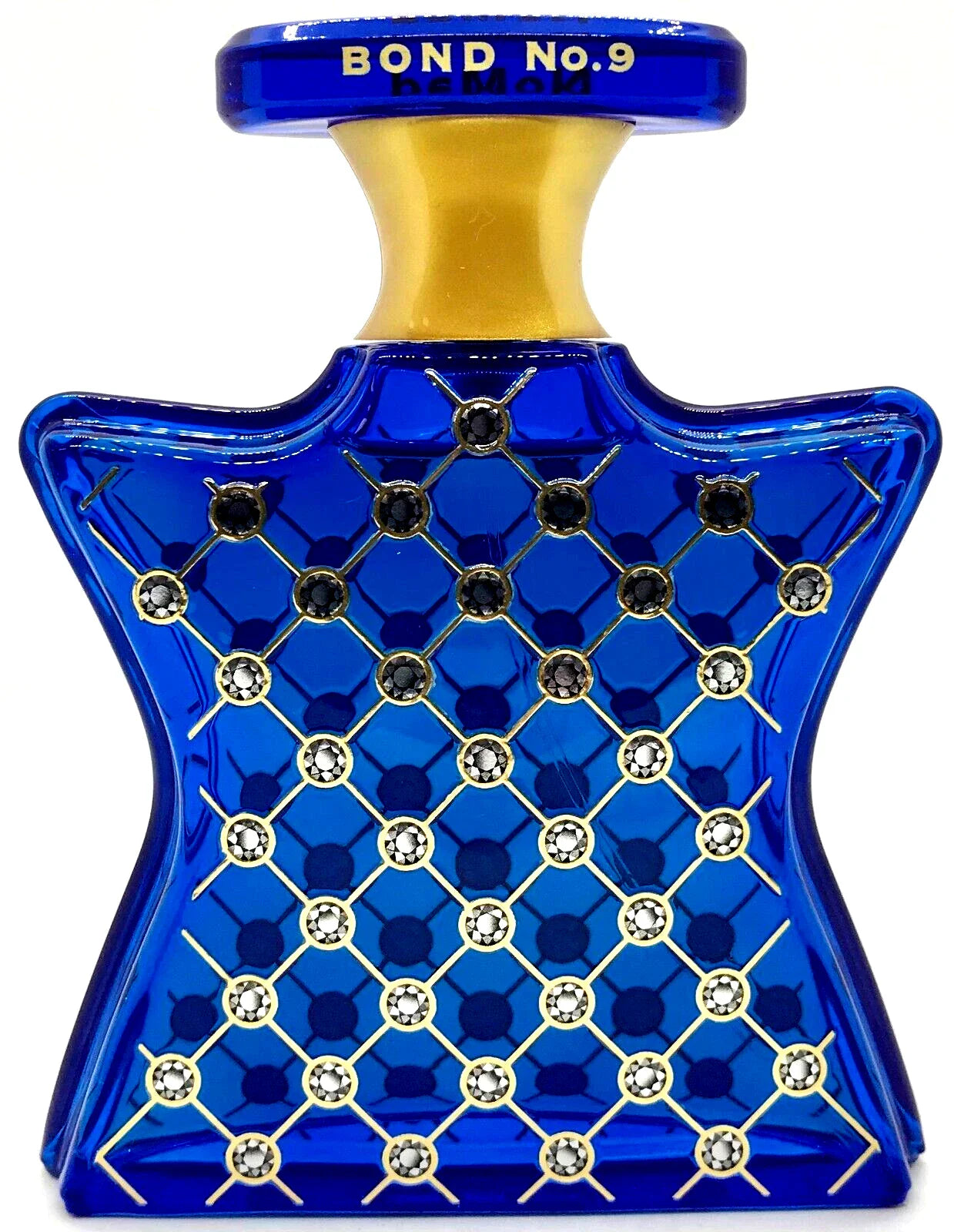 Blue and gold perfume bottle with 'Bond No. 9' branding on a white background