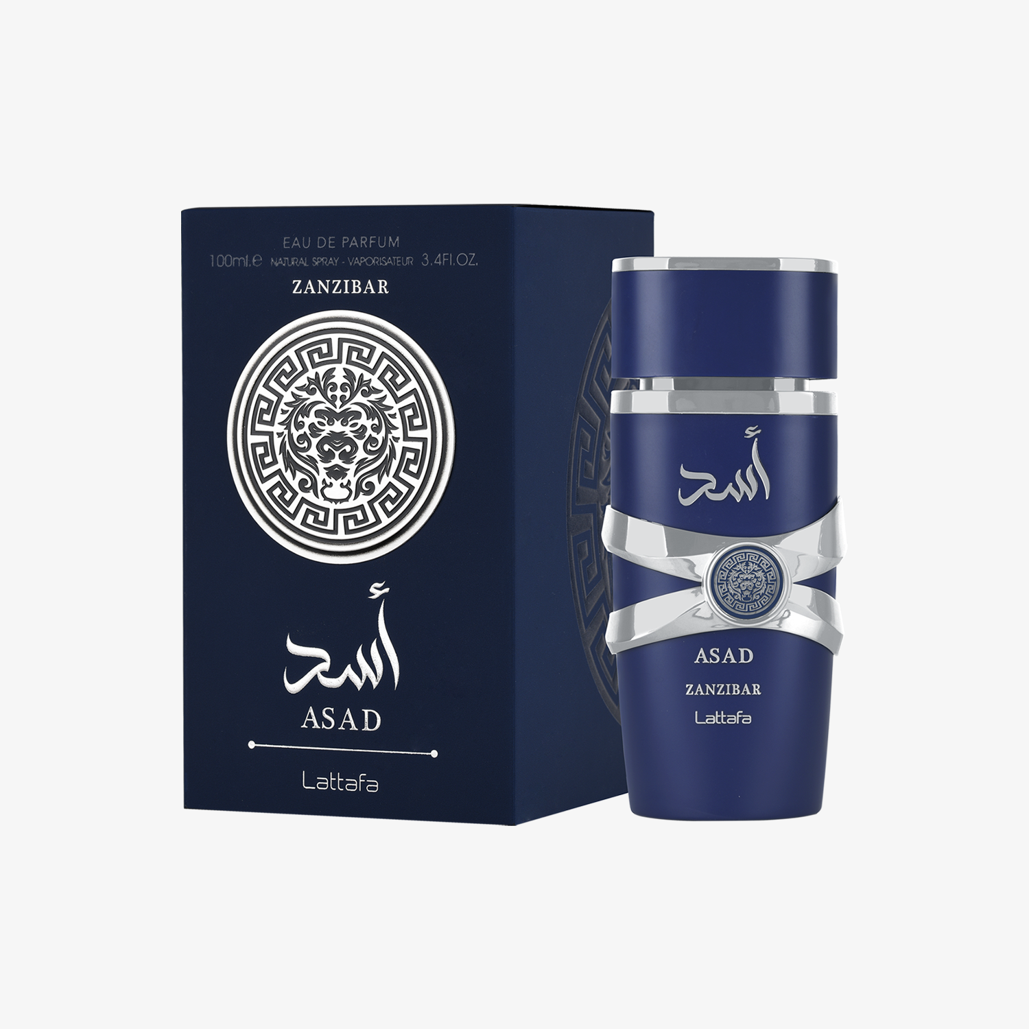 Blue perfume bottle and packaging with 'Asad' branding on a white background