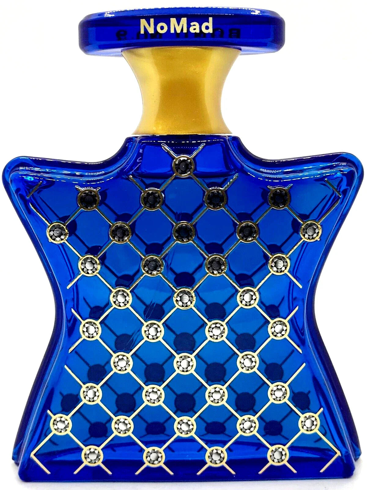 Blue perfume bottle with decorative elements on a white background