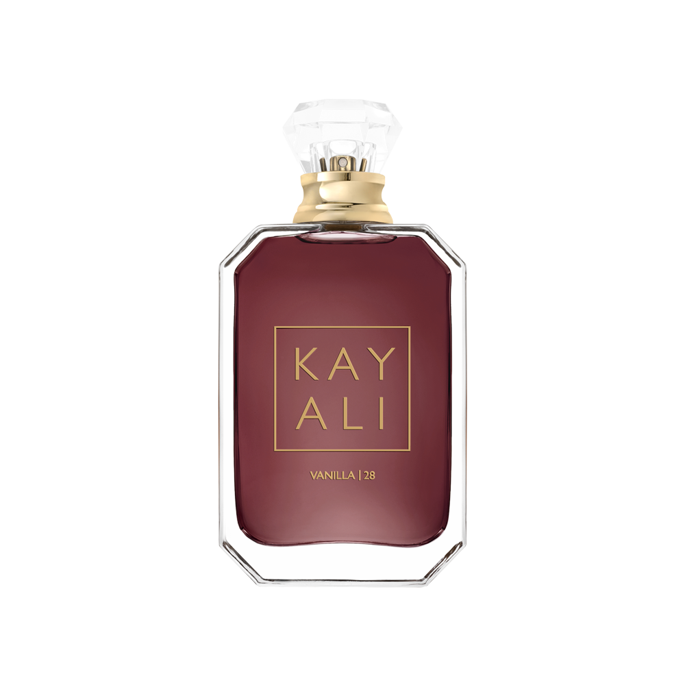 Maroon perfume bottle with gold cap and 'KAY ALI' branding on a white background