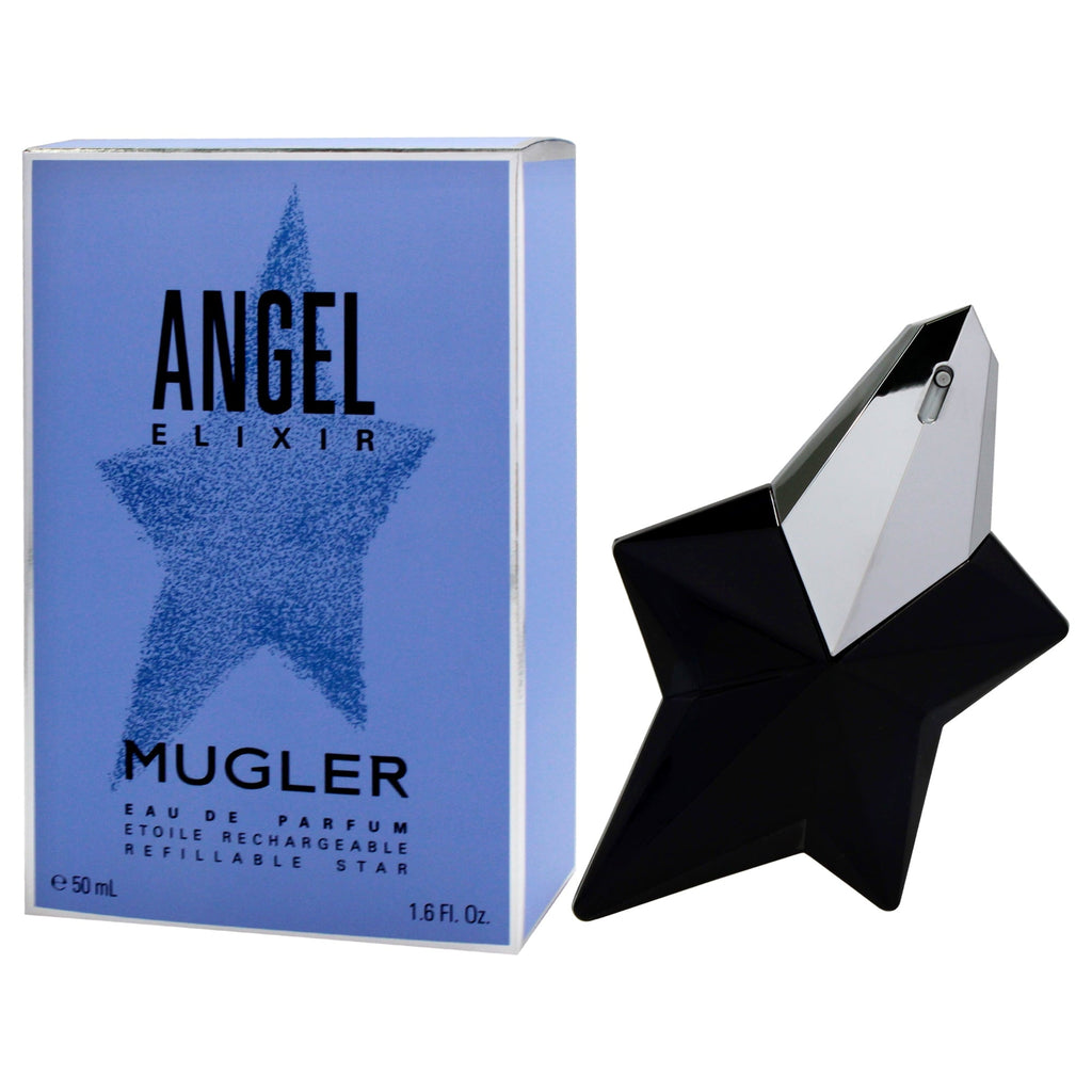 Mugler Angel Elixir perfume bottle and packaging on a white background