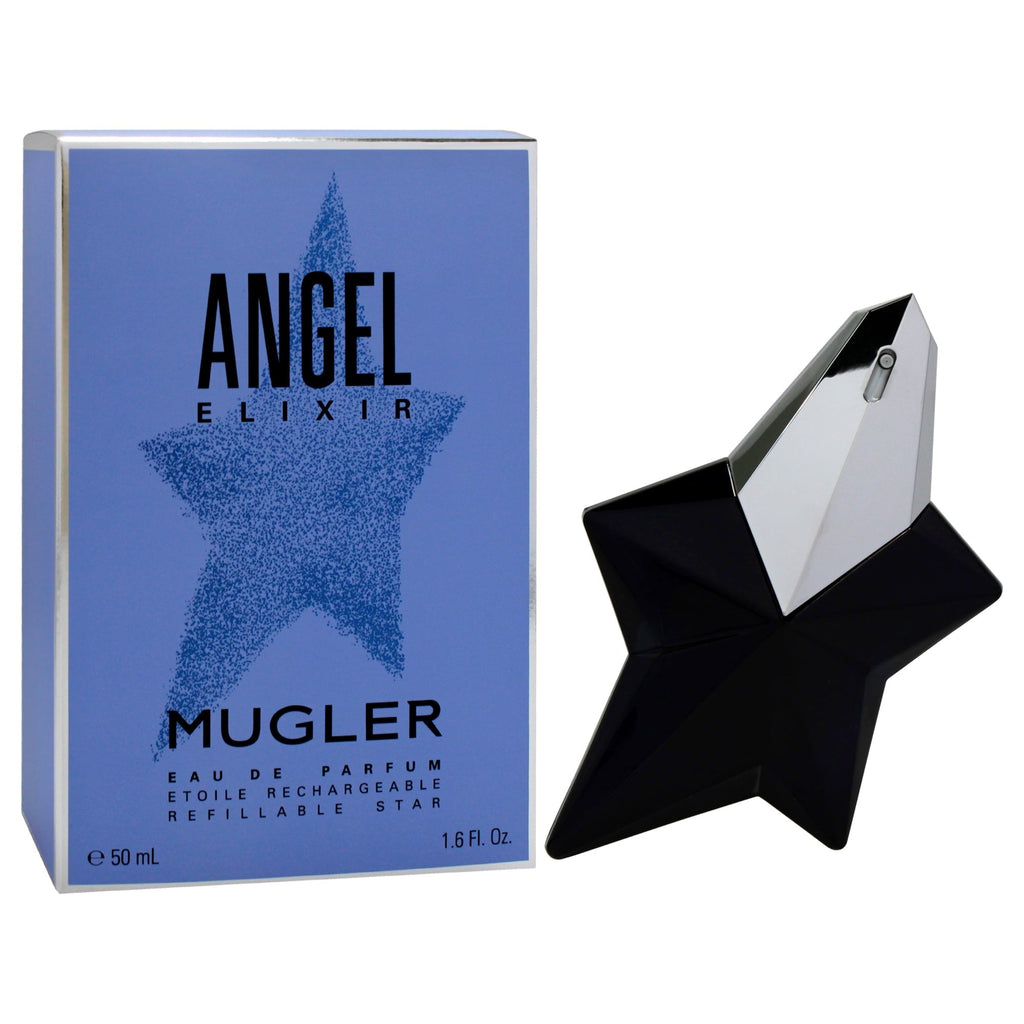 Mugler Angel Elixir perfume bottle and packaging on a white background