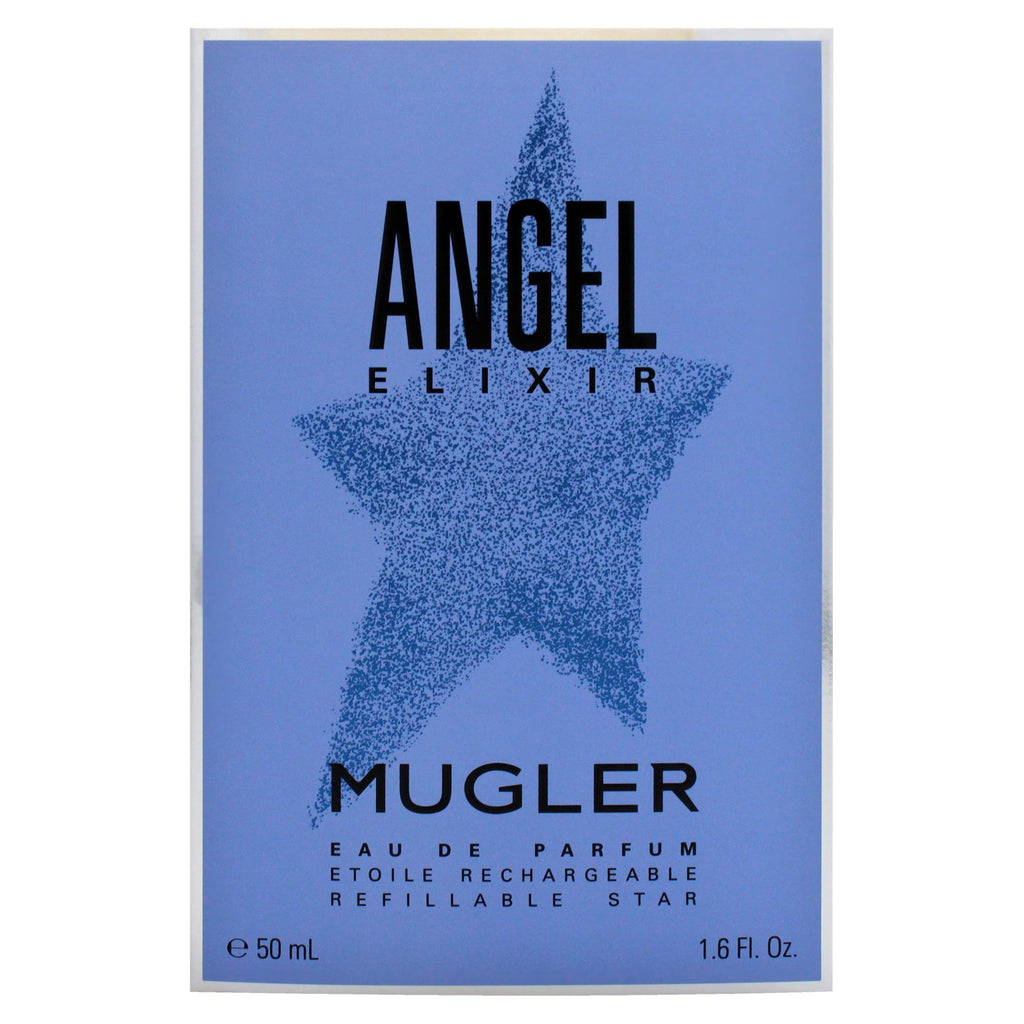 Mugler Angel Elixir perfume packaging with star design on a blue background