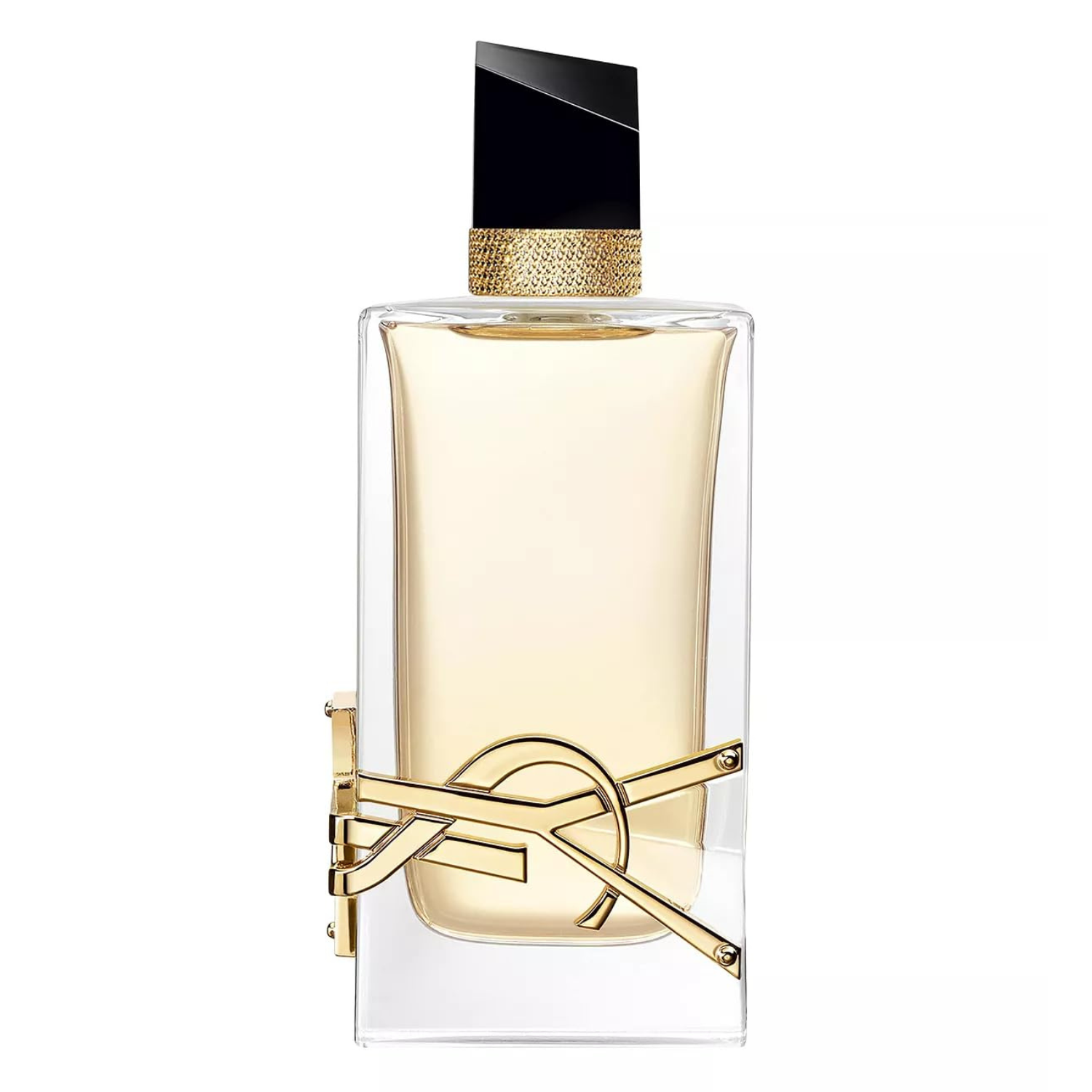 Perfume bottle with gold cap and clear body on a white background