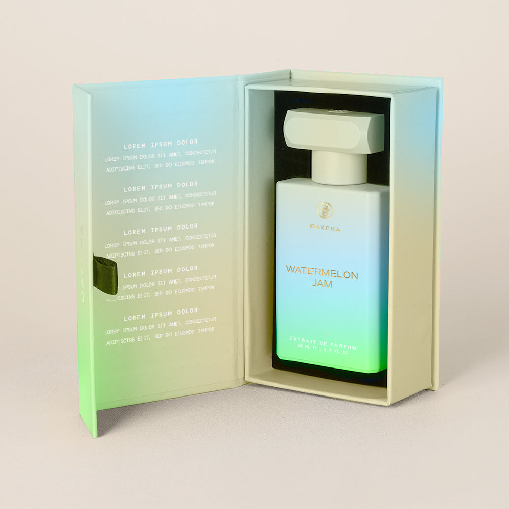 Perfume bottle with gradient design in a box on a light background