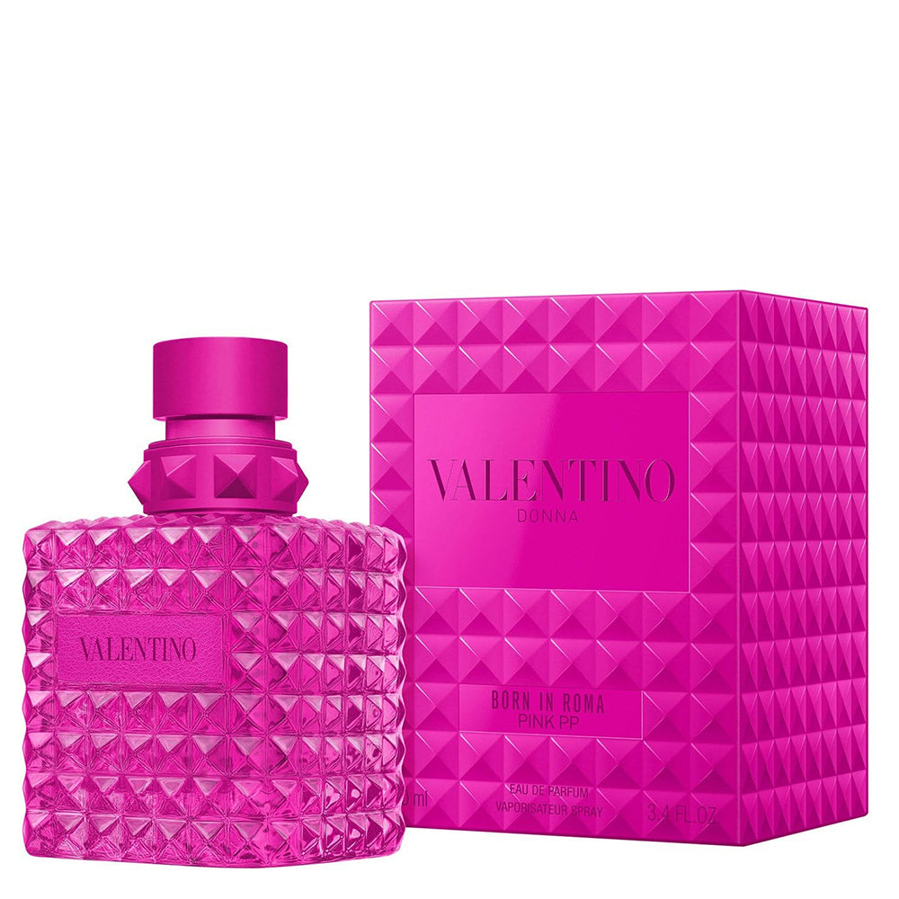 Pink Valentina perfume bottle and packaging on a white background