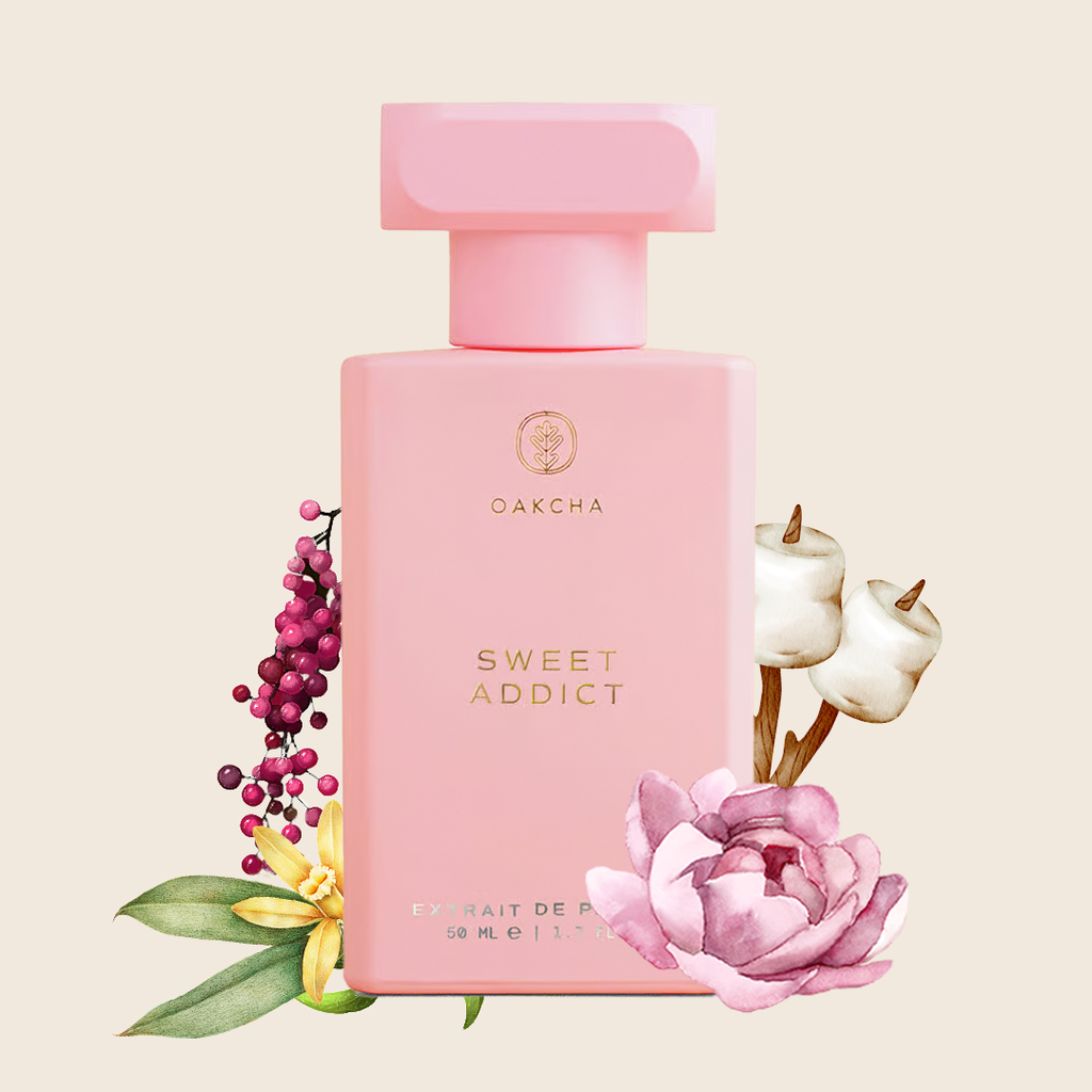 Pink perfume bottle labeled 'Sweet Addict' by OakCha with floral elements on a beige background