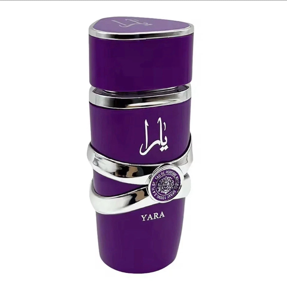 Purple perfume bottle with silver accents on a white background