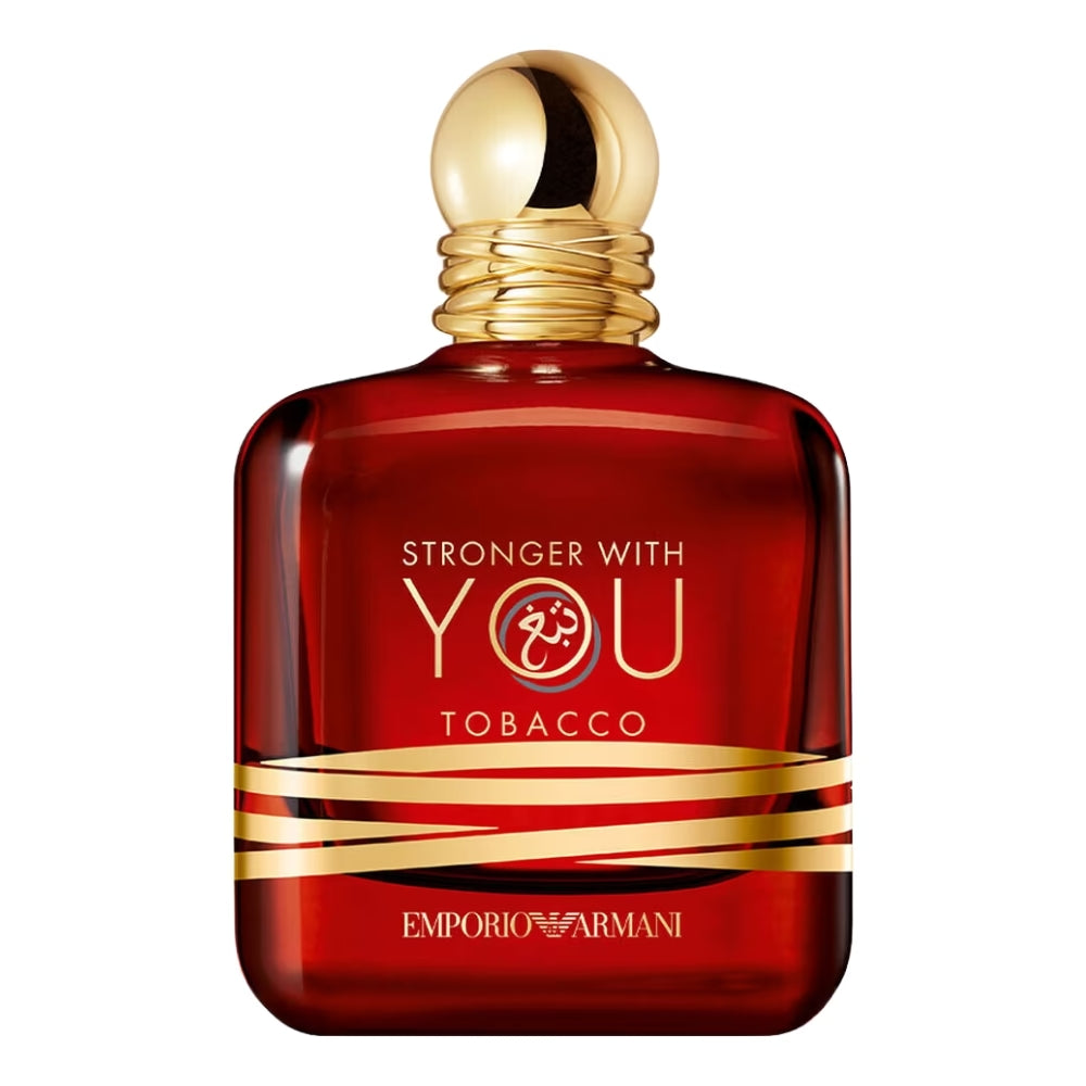 Red perfume bottle with gold cap and text on a white background