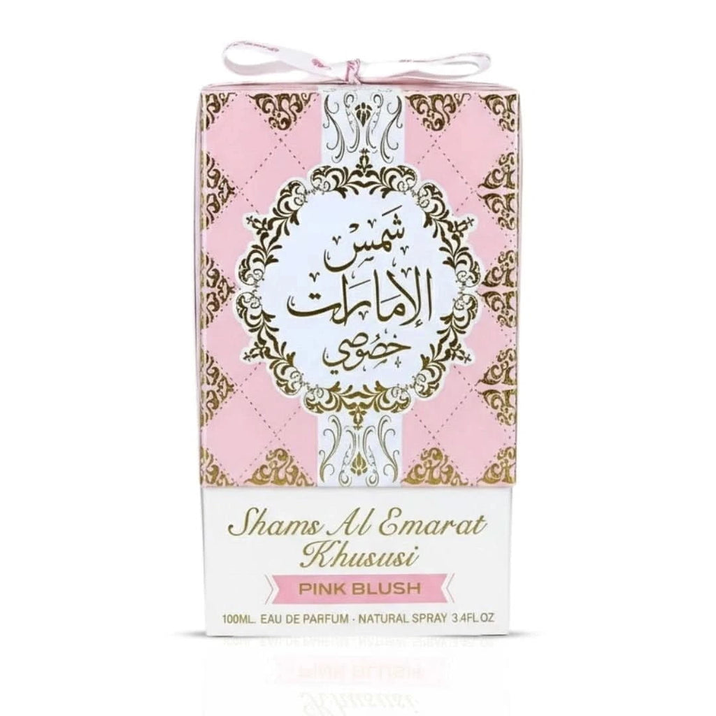 Shams Al Emarat Khususi pink blush packaging on a white background