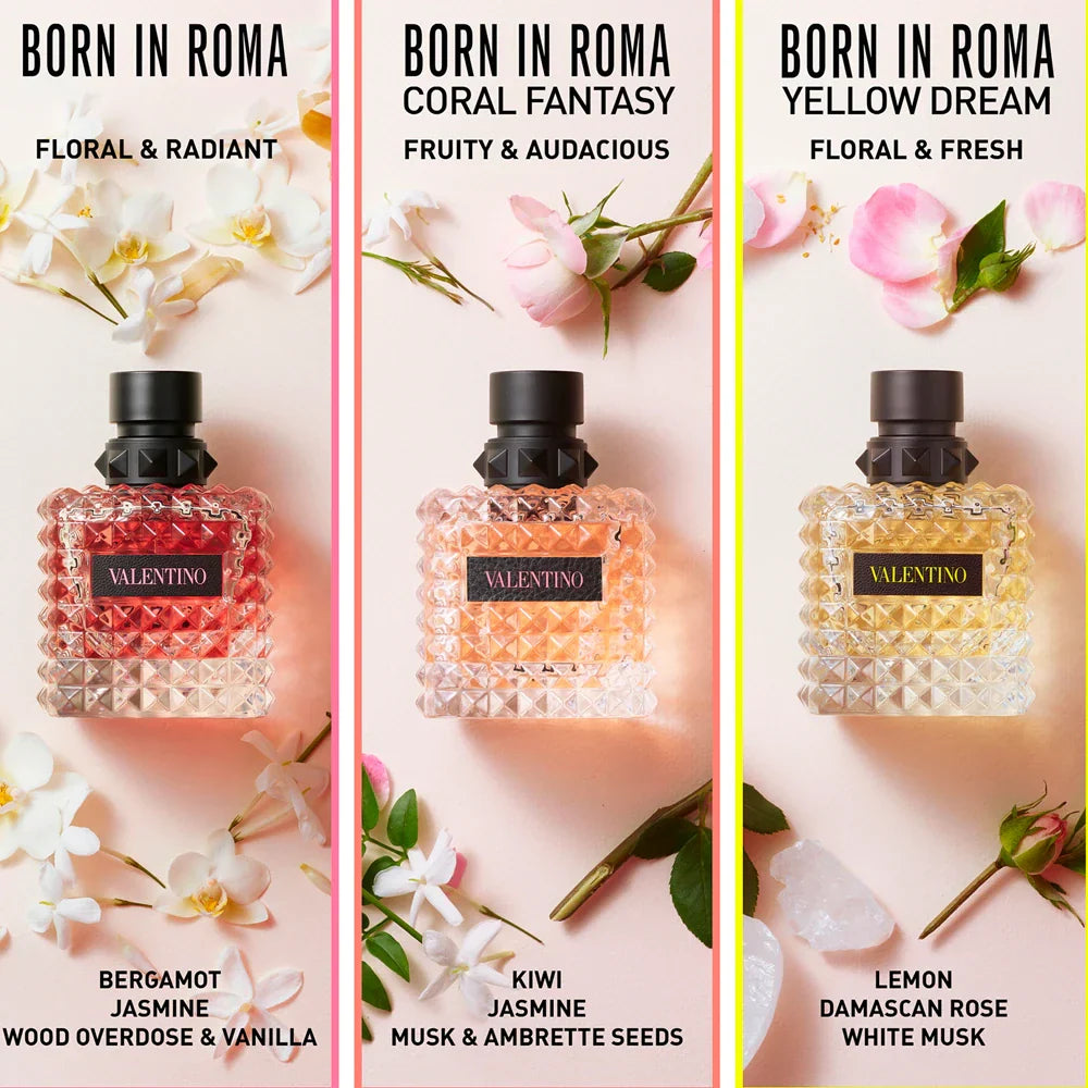 Three bottles of Valentina perfume with floral designs and product details on a pink background.