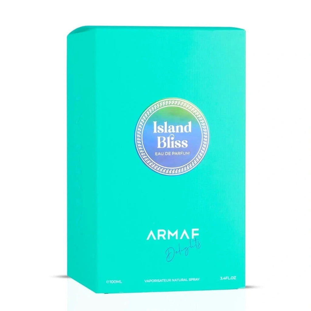 Turquoise Armaf Island Bliss perfume packaging on a white background