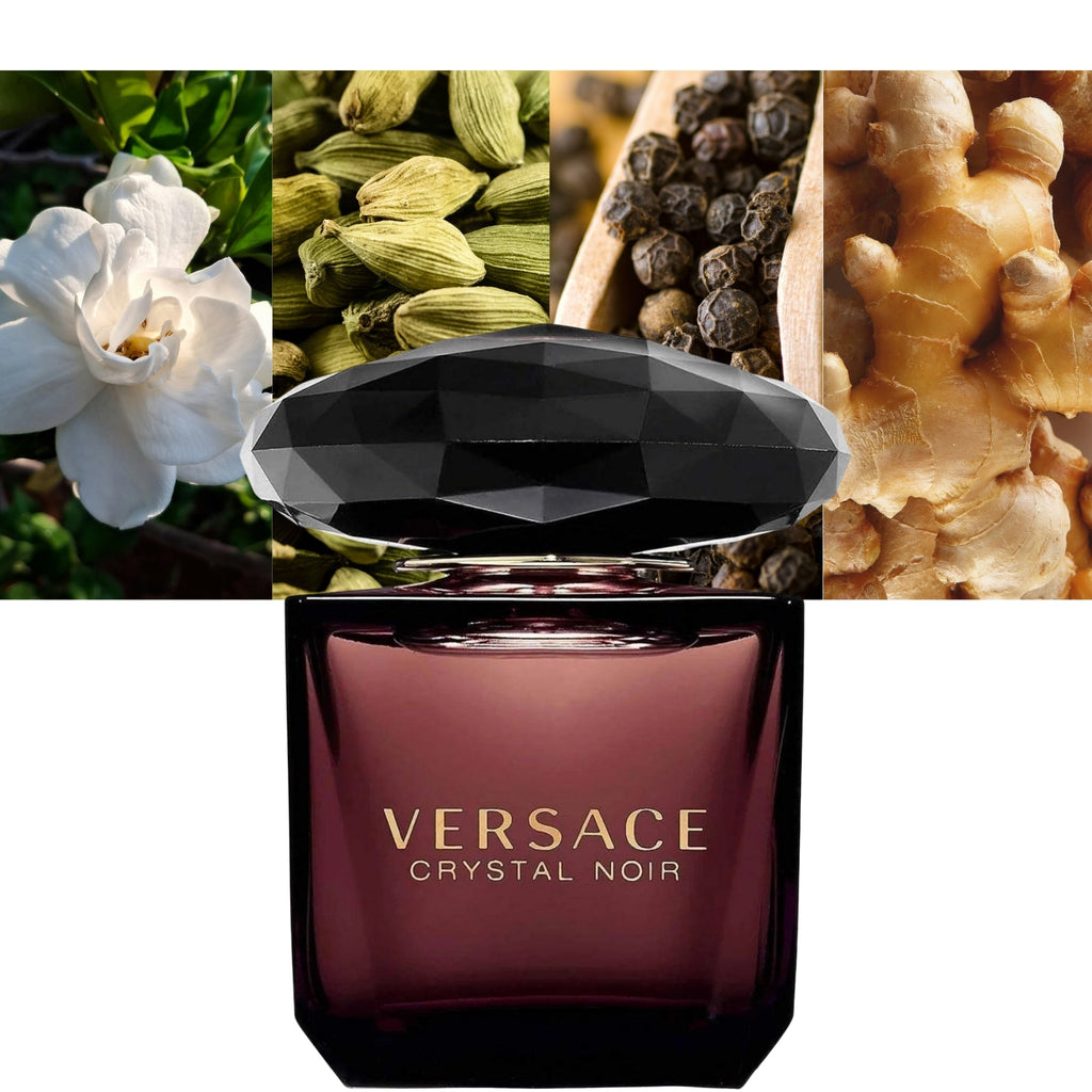 Versace Crystal Noir perfume bottle with botanical elements on a white background