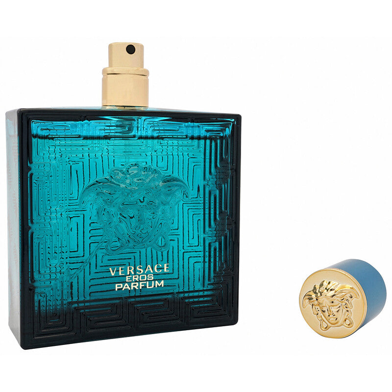 Versace Eros Parfum bottle with blue and gold design on a white background