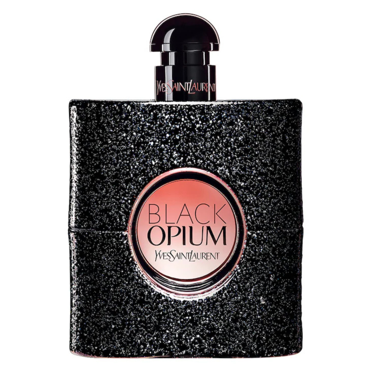 YSL Black Opium perfume bottle with black glittery finish on a white background