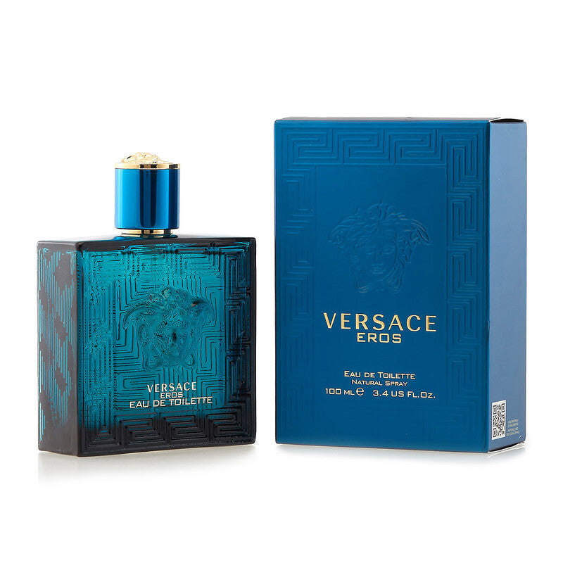 Versace Eros perfume bottle and packaging on a white background